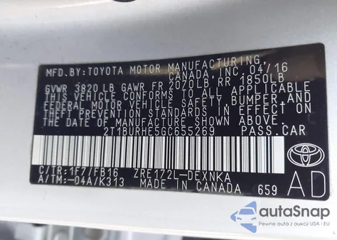 2016 Toyota Corolla Le из США, поврежденный, VIN 2T1BURHE5GC655269